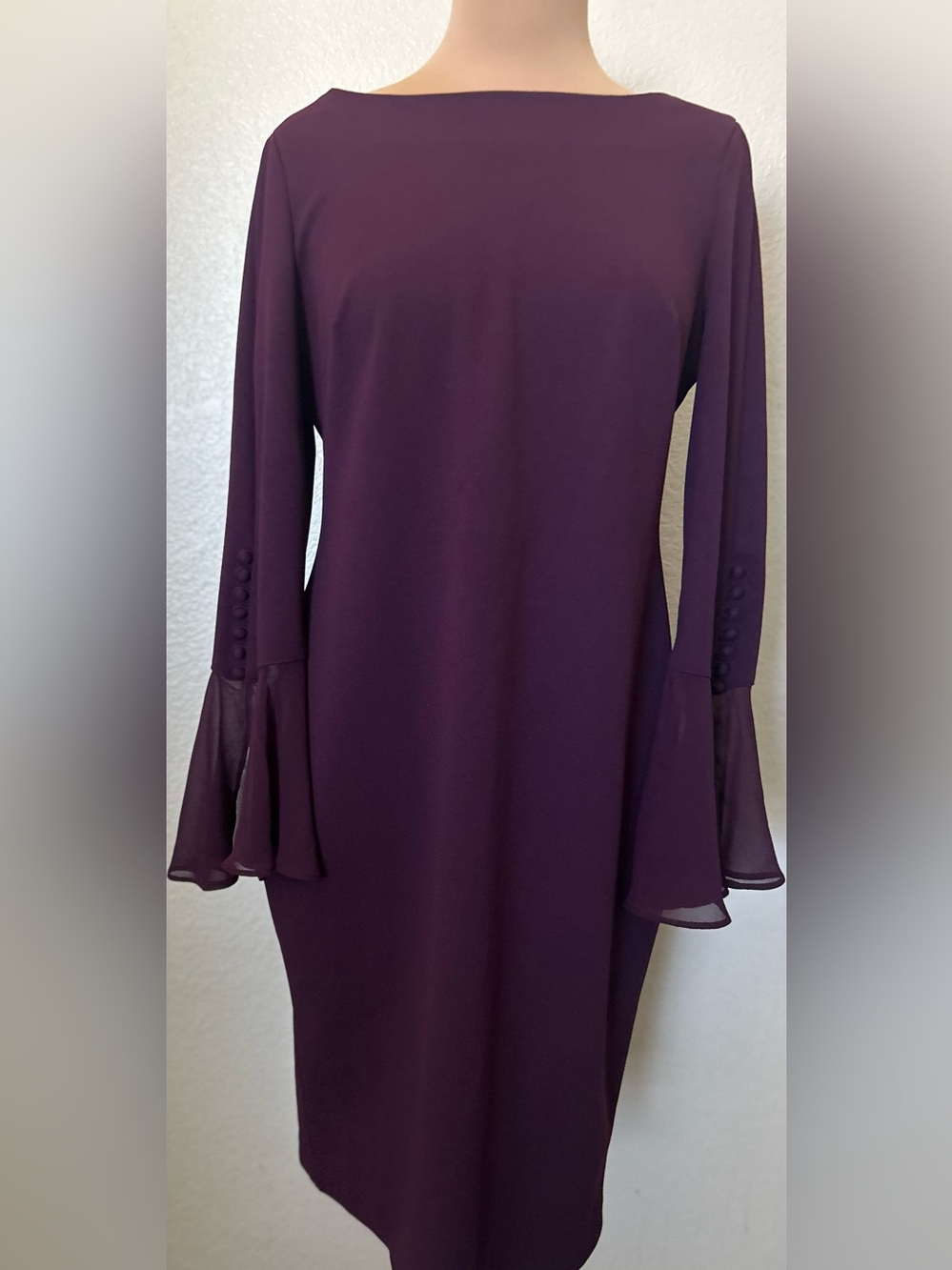 Calvin Klein Plum Long-Sleeve Bell-Sleeve Shift Dress